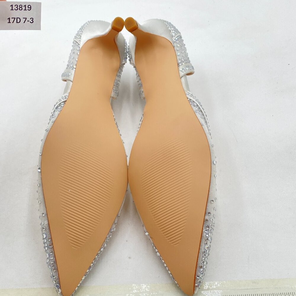 XYD Ivory Mesh Pointed Toe D'Orsay Kitten Heel Rhinestone Studs Slip-On Shoes - Picture 7 of 8